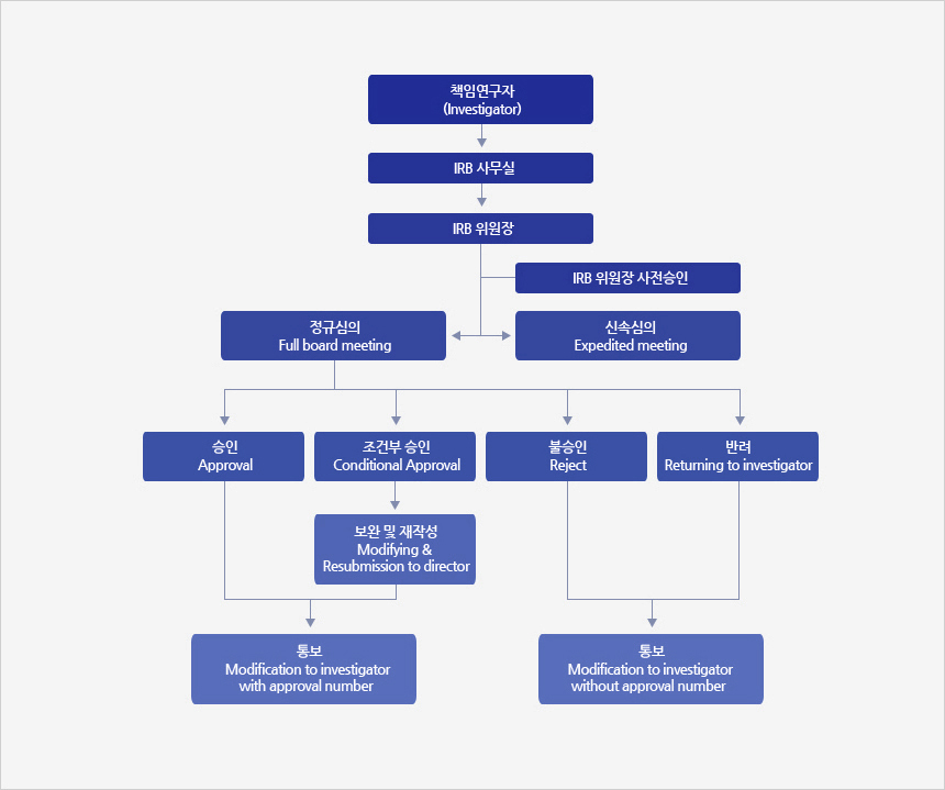 Flow of Review로는 책임연구자, IRB사무실, IRB 위원장 순으로 진행을 하고 IRB 위원장의 사전승인이 되면 정규심의와 신속심의로 선택해서 진행하게 됩니다. / 정규심의에는 승인, 조건부 승인, 불승인, 반려 단계가 있으며 승인일 경우에는 통보, 조건부 승인일 경우에는 보완 및 재작성 후 통보, 불승인과 반려일 경우도 심의 결과를 통보합니다